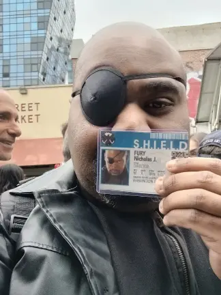 Jack Kirby Way Day brought out a devoted Nick Fury cosplayer with the i.d. to prove it.