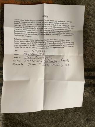 The formal letter that attorney Benjamin Pincweski says he was handed when he was barred from entering Madison Square Garden to attend a Rangers game on Jan. 10. He says they misspelled his surname. Photo: courtesy of Benjamin Pincweski
