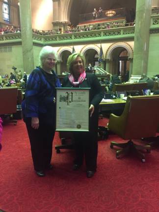 NYS Assembly Member Rebecca Seawright in the Assembly Chamber presenting a proclamation to Sarah Weddington in 2019. Photo: Haley Hershenson