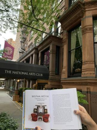 Book open to the chapter on the National Arts Club, in front of the National Arts Club. Photo: Lori Zimmer