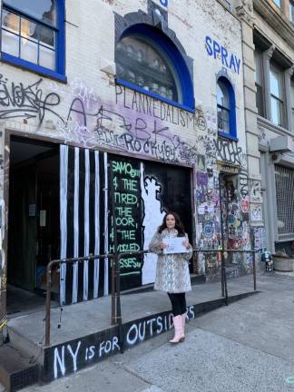 Lori Zimmer in front of Jean-Michel Basquiat’s studio, 57 Great Jones Street. Photo by Ryan Thomann 2020