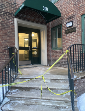 Yellow crime scene tape outside 300 First Ave. in Stuyvesant Town. Police said a 14-year-old girl was threatened by an unidentified male who stole her iPhone and ran off.