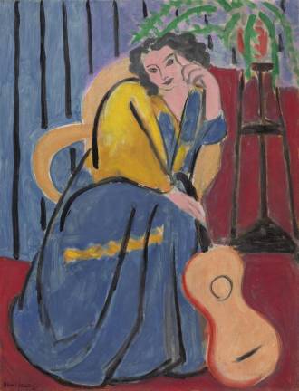 Henri Matisse, Girl in Yellow and Blue with Guitar, 1939, Oil on canvas, 25 x 19 1/2 in. The Art Institute of Chicago, Chicago, © Succession H. Matisse / Artists Rights Society (ARS), New York; image provided by The Art Institute of Chicago / Art Resource, New York