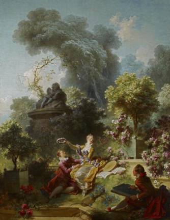 Jean-Honoré Fragonard, “The Progress of Love: The Lover Crowned,” 1771–72, oil on canvas (lined), 125 1/8 x 95 3/4 inches, The Frick Collection, New York. Photo: Michael Bodycomb