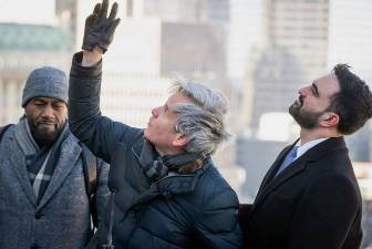 Look skyward! Atop the David N. Dinkins building (from left)” Public Advocate Jumaane Williams, Manhattan borough president Brad Hoylman-Sigal and Mayor Zohran Mamdani.