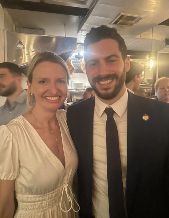 Post-primary pic of Virginia Maloney and Alex Bores at La Cava, Second Avenue in the 50s.