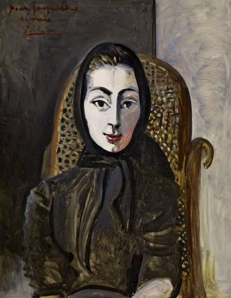 Pablo Picasso (Spanish, 1881-1973) Jacqueline avec une Écharpe Noire (Jacqueline with a Black Scarf), October 11, 1954 Oil on canvas, 36 ¼ x 28 ¾ in. (92 x 73 cm) Private Collection Photograph by Claude Germain ©2014 Estate of Picasso / Artists Rights Society (ARS), New York