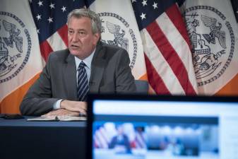 At City Hall on Monday, July 6, Mayor Bill de Blasio said he believed shootings were result of “dislocation” caused by the coronavirus.