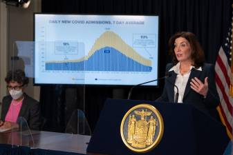 Governor Kathy Hochul holds a COVID-19 briefing in New York City on February 9, 2022. Photo: Don Pollard / Office of the Governor