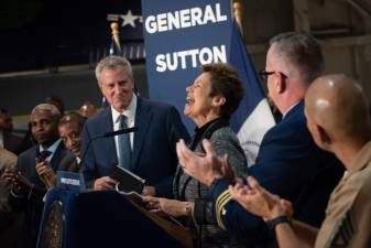 Mayor Bill de Blasio announces that Loree Sutton, MD, Brigadier General (Ret.), will step down as Commissioner of the Department of Veterans’ Services during an event on the Intrepid Sea, Air &amp; Space Museum on October 3, 2019.