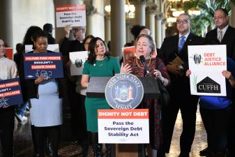 State Sen. Liz Krueger speaks at a press conference in March 2024.