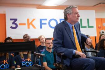 Mayor Bill de Blasio, seen here at a recent 3-K for All event, is caught in a controversy over the future of gifted and talented programs in city schools.