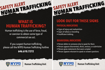 NYPD officials announced that they will be on increased alert against sex trafficking in NYC due to World Cup tourism and told residents and visitors to be wary of warning signs.