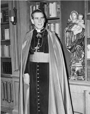 Archbishop Fulton Sheen on the set of his popular syndicated weekly tv talk show “Life is Worth Living” which at its peak had 30 million prime time viewers.