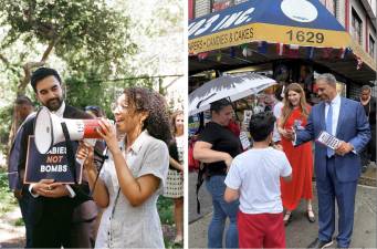 Darializa Aliva Chevalier campaigns with Zohran Mamdahi (left); Adriano Espaillat (right) campaigns with City Council speaker Julie Menin.