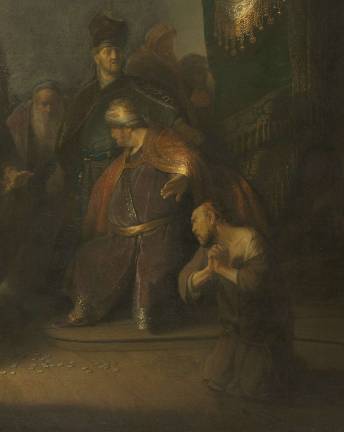 Rembrandt van Rijn (1606-1669), &quot;Judas Returning the Thirty Pieces of Silver&quot; (Detail), 1629. Oil on panel. Private collection. &#xa9; Private Collection, Photography courtesy of The National Gallery, London, 2016