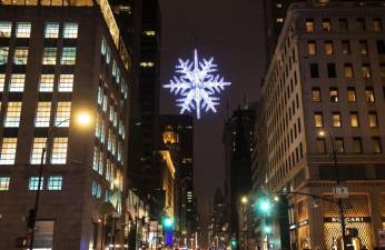 The Snowflake hung 50 feet up in the air at the intersection between Fifth Avenue and 57th street got a big makeover this year.