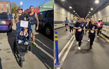 Left: NYPD Running Club’s littlest member with his parents at the start. Right: 66th Precinct runners in the tunnel.