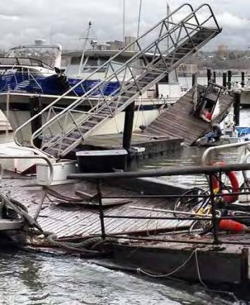 Dock and gangway damage from Hurricane Sandy in 2012.