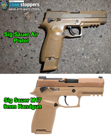 Top: Sig Sauer Air Pistol, likely an M17, pointed ; Bottom: Sig Sauer M17 9mm handgun.