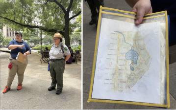 Urban Park Rangers talk about Manhattan water history during a program starting at Collect Pond Park.