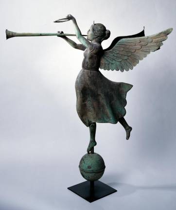 Fame or <i>Pheme</i>. Copper and zinc with gold leaf weathervane attributed to E.G. Washburne &amp; Company made c. 1890. 39 × 35 3/4 × 23 1/2 in., Collection American Folk Art Museum, New York, Gift of Ralph Esmerian, 2005.8.62. Photo: Gavin Ashworth