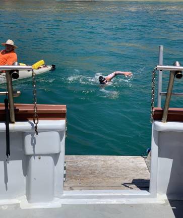Fleur Sohtz, a longtime member of the Master’s Swim Team at Asphalt Green, in training during an open-water swim in Manhattan.