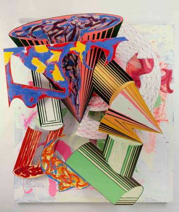 Frank Stella, Gobba, zoppa e collotorto, 1985. Oil, urethane enamel, fluorescent alkyd, acrylic, and printing ink on etched magnesium and aluminum. 137 x 120 1/8 x 34 3/8 in. (348 x 305 x 87.5 cm). The Art Institute of Chicago; Mr. and Mrs. Frank G. Logan Purchase Prize Fund; Ada Turnbull Hertle Endowment 1986.93. &Copy; 2015 Frank Stella/Artists Rights Society (ARS), New York.