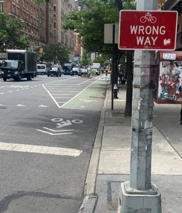 “Wrong Way” bike signs were recently installed along Amsterdam Avenue on the UWS.