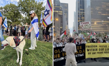 Two views of October 7, 2025 in Manhattan: A Pro-Israel vigil in Central Park, including a dog wearing a Bring Them Home bandana and gay pride flags, and a protest outside the News Corp. building at 1211 6th Avenue, with signs reading “Globalize the Intifidada” and “There is only 1 solution, Intifada Revolution.”