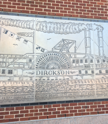 Detail of artist Duke Riley “The Legacy of Cornelius Dirckson,” affixed to the Peck Slip School wall.