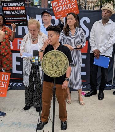 Council Member Crystal Hudson, center, at a June 23, 2024, rally in Fort Greene, Brooklyn, is a contender for City Council speaker.