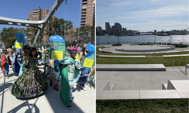 Left: Parade over the Corlears Hook Park Bridge. Right: East River Park amphitheater, a work in progress.