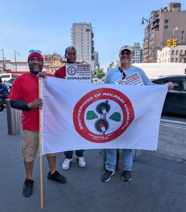 Long Island Rail Road signalmen on strike outside Atlantic Terminal, Brooklyn.