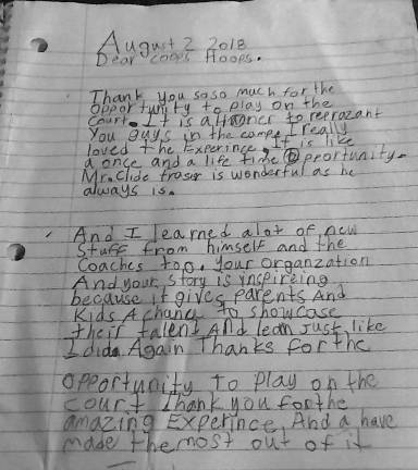 A thank-you letter written by an attendee of Basketball Camp sponsored by Coop’s Hoops.