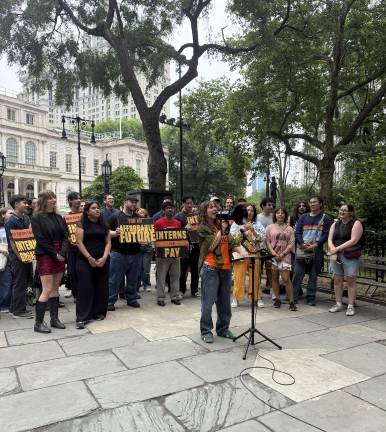 Mina Farahmand addresses the crowd while demonstrating with dozens in front of City Hall in a dispute over unpaid interns in the office of City Council member Harvey Epstein.