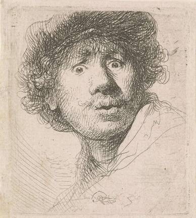 Rembrandt van Rijn (1606-1669), &quot;Self-Portrait in a Cap, Wide-Eyed and Open- Mouthed,&quot; 1630. Etching and drypoint, state II (of II). The Morgan Library &amp; Museum.