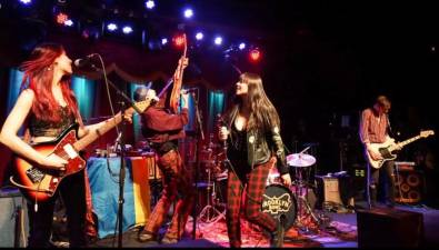 The band Puzzled Panther, with our own Kay Bontempo (far left), opened for Gogol Bordello and Murphy’s Law on the New Year’s Eve at Brooklyn Bowl. Other band mates included (from left): Eugene Hütz, Victoria Espinoza, Brian Chase, Rob Mellinger. Photo: Tatiana Labunets
