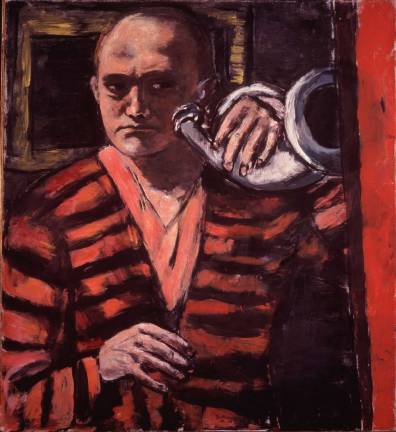 Max Beckmann (German, Leipzig 1884&#x2013;1950 New York). &#x201c;Self-Portrait with Horn,&#x201d; 1938 .Oil on canvas. 43 1/4 &#xd7; 39 1/4 in. Neue Galerie New York and Private Collection. &#xa9; 2016 Artists Rights Society (ARS), New York / VG Bild-Kunst, Bonn
