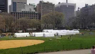 Emergency field hospital tents in Central Park across from Mount Sinai in March 2020. Photo: Nancy Ploeger