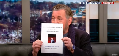 MSG Entertainment CEO James Dolan told Fox 5’s Good Day New York co-host Rosanna Scotto he is thinking of halting beer and alcohol sales at a NY Rangers game and post signs urging fans to contact the SLA CEO Sharif Kabir to complain. Photo: Fox 5 Good Day New York/You Tube