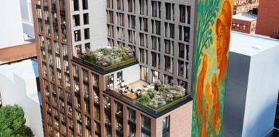 This rendering depicts plans for the proposed 14-story affordable housing complex to rise on what is now a parking lot used for private cars of NYPD offices in the 9th Pct. Some locals want less tower, more green space.