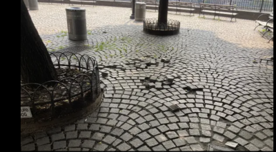 Loose paving stones are scattered across the East 72nd Street Overlook, and a number of area residents say they have injured themselves after falling over the loose pavers.
