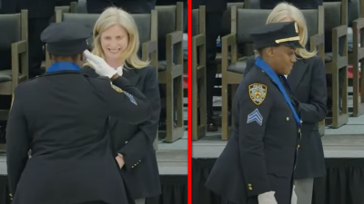 Sergeant Anita Moore and Police Commissioner Jessica Tisch as Moore is among honorees at NYPD Medal Day on June 12.