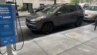 A non-electric vehicle parked in the E 78th St. EV charging station spot. Photo: Tom Goodman.