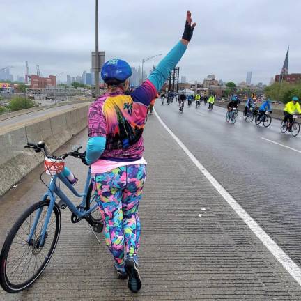 One of the more colorful marshals welcomes riders to the BQE. Photo: Anet Sunshine/Facebook