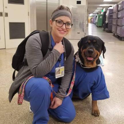 Dogtor Loki, a therapy dog at the University of Maryland Medical Center, launched the Hero Healing Kits Initiative to support frontline workers and first responders. Photo courtesy of AMC