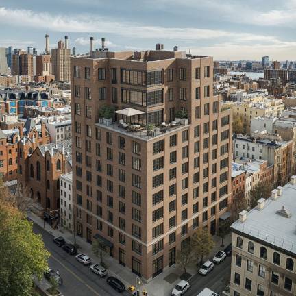 The marketing material envisions an 11 story luxury condo rising on the site of the former St. Brigid School directly across from St. Tompkins Sq. Park on Ave. “B” and East Seventh St.