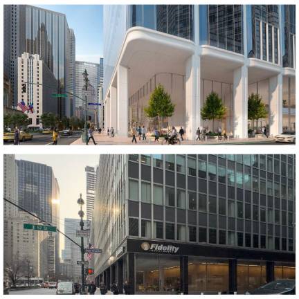 Top: Park Avenue and East 52nd Street corner, proposed. Bottom: Park Avenue and East 52nd Street corner, current.
