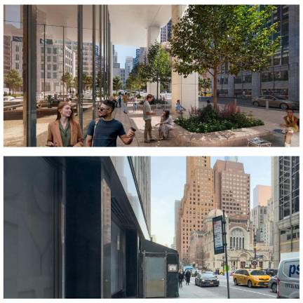 Top: Public concourse along East 51st Street and Park Avenue, proposed. Bottom: East 51st Street and Park Avenue, current.